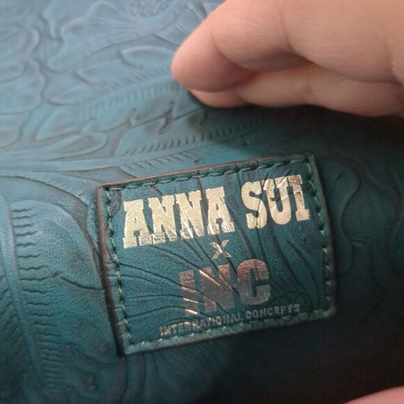Anna Sui x INC Embossed Turquoise Studded Clutch - Colorful Lined Interior - Picture 3 of 5